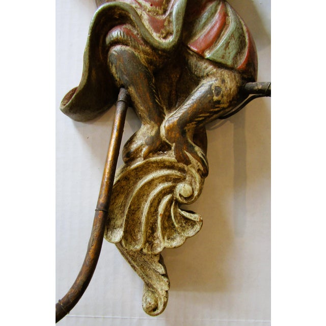 Opposing Pair of Polychrome Hand Carved Wood and Iron Monkey Wall Sconces C 1920 For Sale - Image 11 of 16