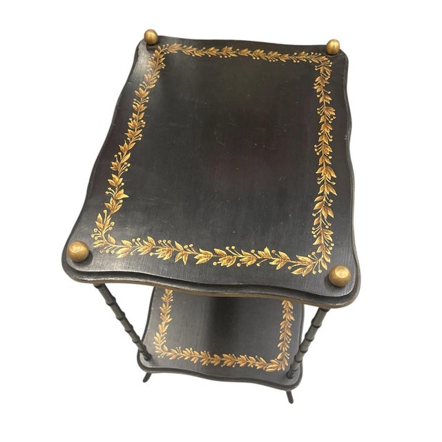 2020s Vintage Hollywood Regency Faux Metal Bamboo Two-Tier Occasional Table With Gilt Laurel Detail For Sale - Image 5 of 8