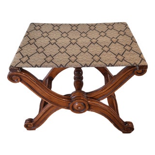 Late 20th Century Curule Style Carved Wood Stool Collapsible X Base Fabric Seat For Sale
