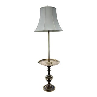 Solid Brass Etched Tray Table Floor Lamp & Silk Shade From the Stiffel Company - a Pair For Sale