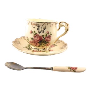 1980s Yolife Teacup and Saucer With Matching Spoon- 3 Pieces For Sale
