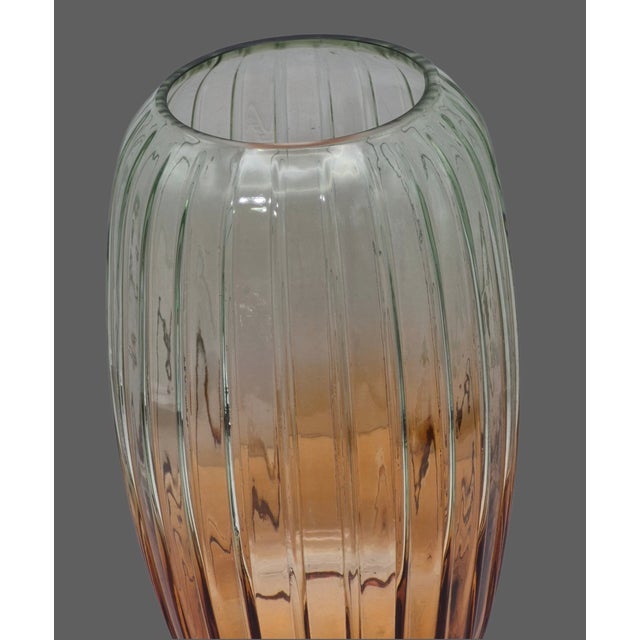 Late 20th Century Fluted Glass Vase Ombre Color Green at Top Amber-Orange at Base 10'' Tall For Sale - Image 5 of 8
