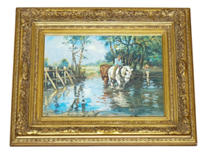 Horse Rider Crossing a Stream, Oil on Canvas, Framed