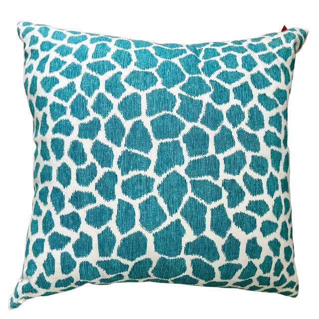 Aqua and white giraffe printed linen pillow. 22x22. (Pair / Set of 2) 95% Feather 5% Down Insert. Made in the USA 22X22