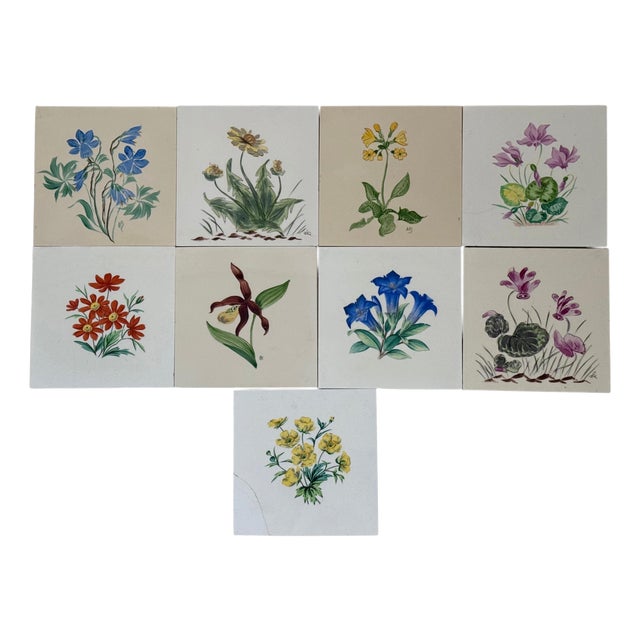 Hand-Painted Botanical Ceramic Tiles by Josef Frank, Meissen, Germany, 1960, Set of 9 For Sale
