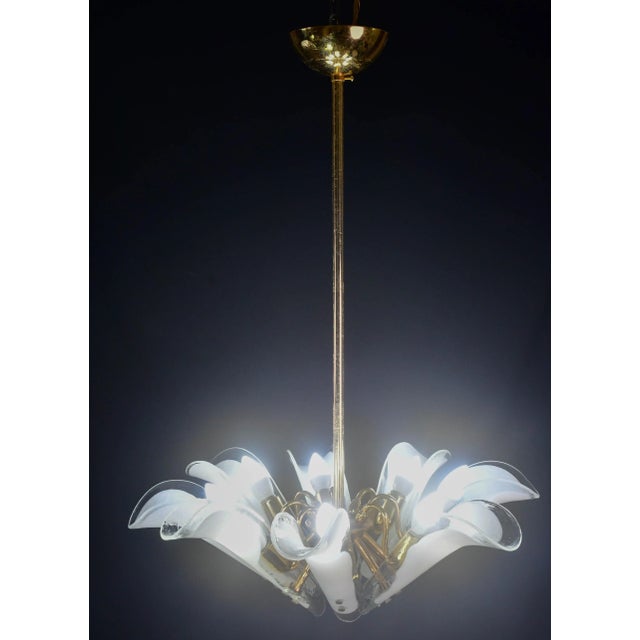 Murano glass chandelier with 8 beautiful white petals. 8 lights e14, possibility of wiring for Usa. Height with rod 80...