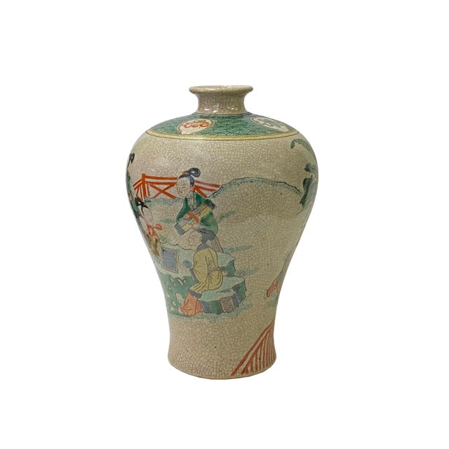 Ceramic Vintage Chinese Crackle Beige Color People Graphic Porcelain Vase For Sale - Image 7 of 10