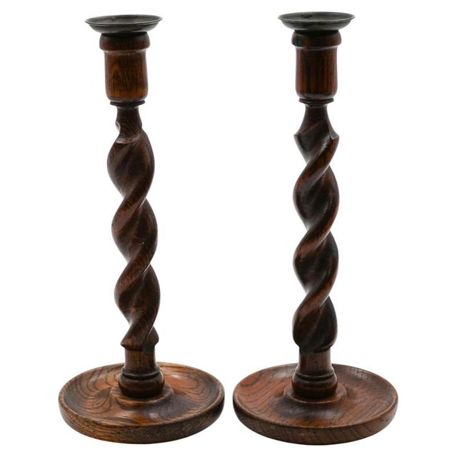 English Early Victorian Oak Barley Twist Candleholders, Set of 2 For Sale - Image 10 of 10