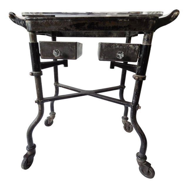 1940's Industrial Steel Welding Workstation Rolling Cart With Swing-Arm Bins For Sale