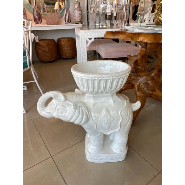 Vintage Large White Plaster Elephant Garden Plant Stand Planter For Sale - Image 11 of 13