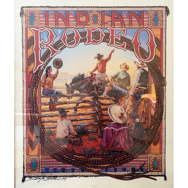 Tribal Rare 1989 "Indian Rodeo" Poster Signed by Artist Buckeye Blake in 1994 For Sale - Image 3 of 10