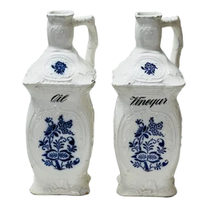 Early 1900s Blue Onion Pattern German Oil & Vinegar Jars - a Pair