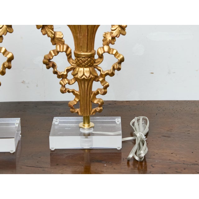 19th Century French Giltwood Floral Fragments Made into Lamps on Custom Lucite Bases - a Pair For Sale - Image 11 of 12