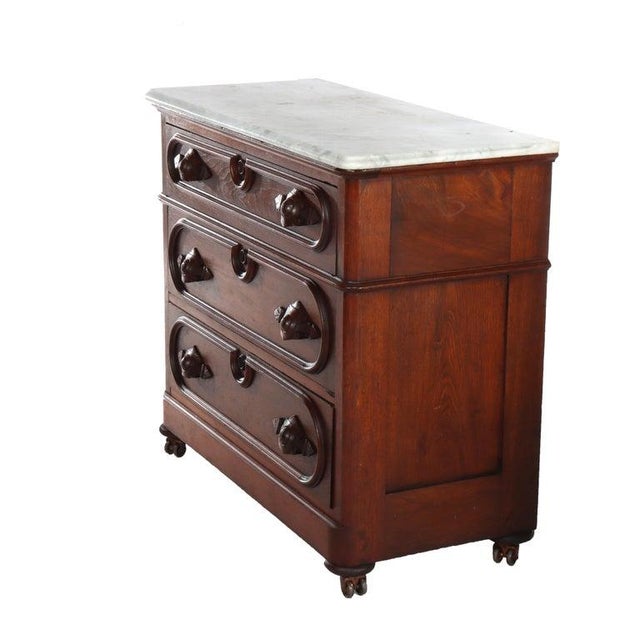 Antique Walnut 3-Drawer Marble Top Commode With Carved Pulls Circa 1890 For Sale - Image 4 of 16
