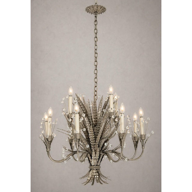 Hollywood Regency Remains Lighting "Plume" Antique Nickel & Glass 12-Arm Chandelier, Labeled For Sale - Image 3 of 18