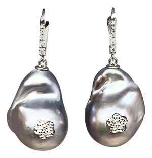 Diamond Freshwater Pearl Earrings 14 Karat Gold Grey 23.2 Mm Certified