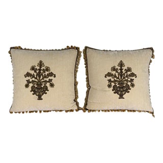 Pair of Custom Velvet Pillows With 19th-Century French Metallic Appliqués For Sale
