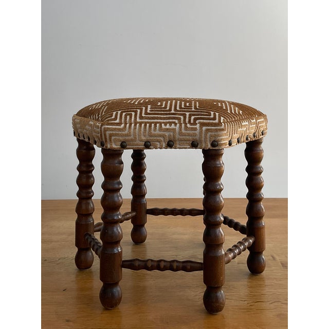 Mid 20th Century Vintage Hexagonal Bobbin Leg Footstool in Schumacher Lisboa Velvet For Sale - Image 5 of 11