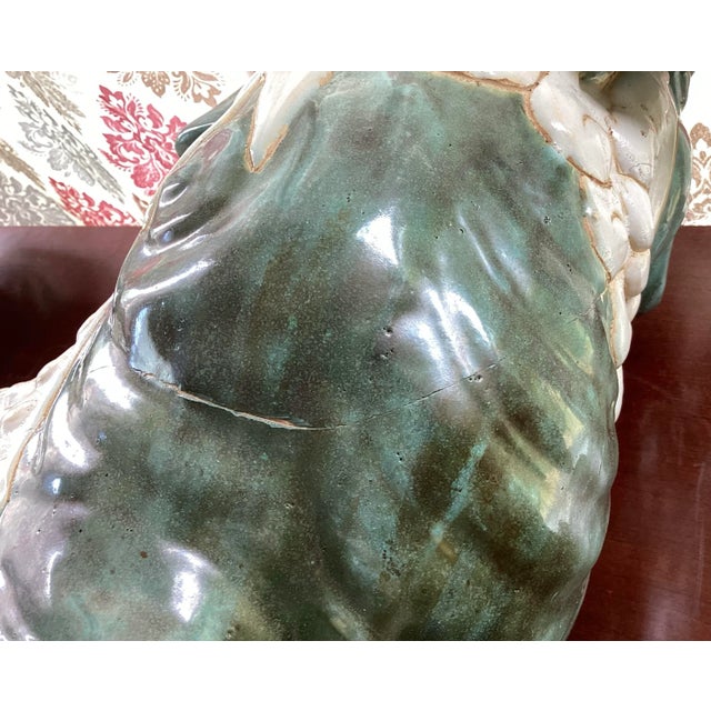 Pair of Monumental Antique Chinese Porcelain Foo Dog Statues – Emerald Green Glaze For Sale - Image 10 of 12
