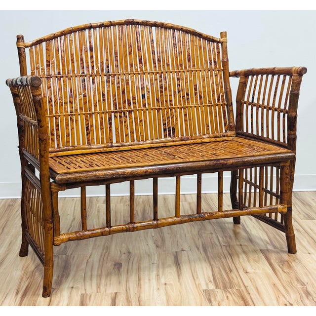 Vintage Scorched Bamboo Settee Bench For Sale - Image 4 of 9