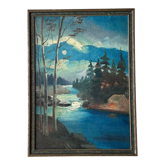 Vintage Original Landscape Watercolor on Board For Sale