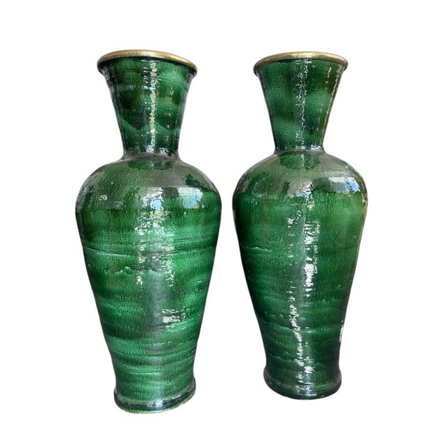 Pair of Massive 38" Hand-Glazed Emerald Green Moroccan Terracotta Vases For Sale - Image 4 of 9