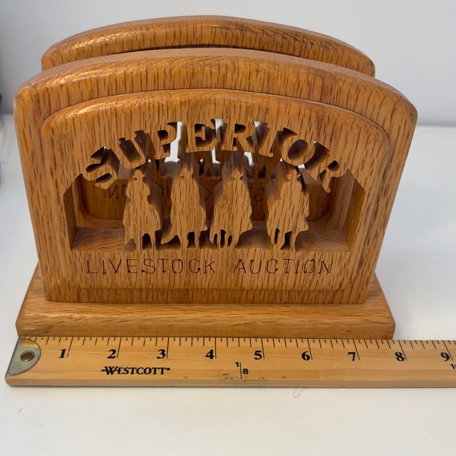 Vintage Western "Superior Livestock Auction" Texas Cowboys Horses Ranching Silhouette Laser Cut Solid Oak Napkin Holder For Sale In Boise - Image 6 of 7