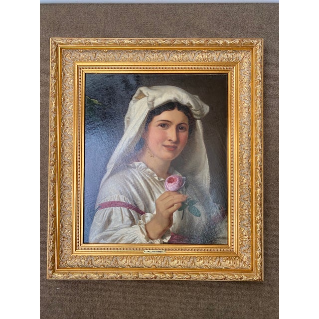 Early 20th Century English Protrait Oil Painting of a Young Lady with a Rose, Framed For Sale - Image 4 of 5