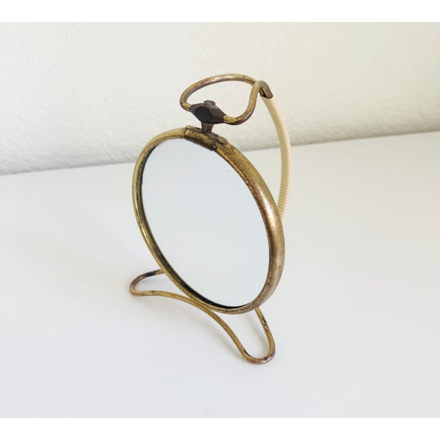 Mid-Century Modern 1940’s Italian Shaving Mirror, Brass & Rattan For Sale - Image 3 of 11