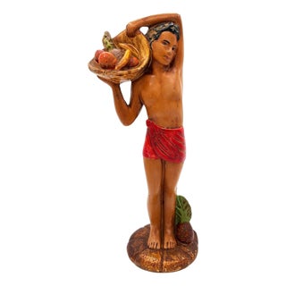 Mid 20th Century Native Boy W/ Fruit Offering Ceramic Hand Painted Sculpture For Sale