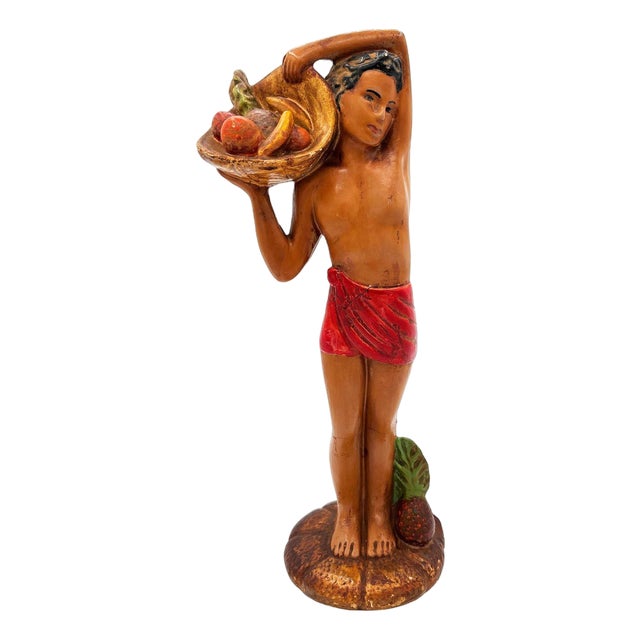 Mid 20th Century Native Boy W/ Fruit Offering Ceramic Hand Painted Sculpture For Sale