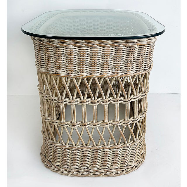 Tan 1970s Wicker, Glass Coffee Table, Side Table Set Henry Link, Lexington Attributed For Sale - Image 8 of 10