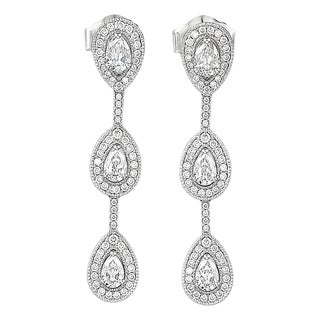 Late 20th Century 18K White Gold Diamond Pear & Round 3 Tier Drop Earrings, Pair For Sale