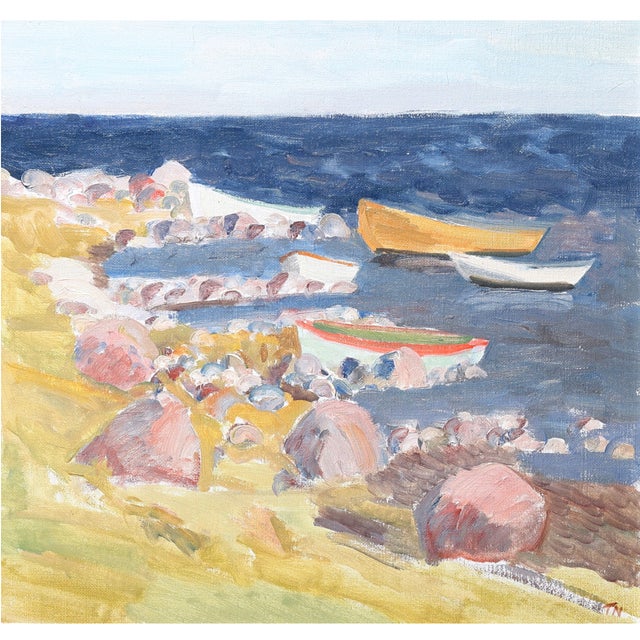 Oil on panel, “Boats by Öland strand”, signed dated -83. This painting is by a Swedish artist and has been sourced...