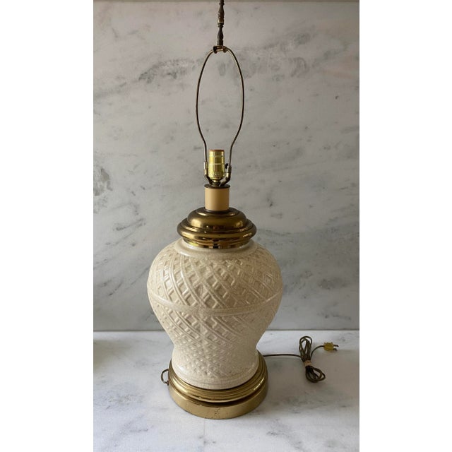 Mid-Century Modern Vintage Brass and Ceramic Basket Weave Paul Hanson Lamp For Sale - Image 3 of 13