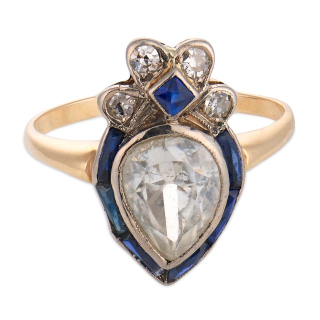 Victorian 19th Century Victorian Paste Diamond Synthetic Sapphire 14k Gold Ring, Size 6.25 For Sale - Image 3 of 5