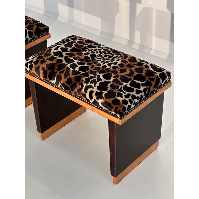Wood Vintage Art Deco Poufs in Spotted Leo Fabric, 1930s, Set of 2 For Sale - Image 7 of 8