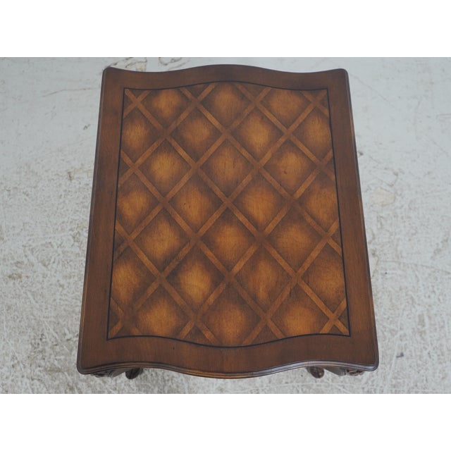 1970s Pair French Louis XV Walnut Parquet Top Lamp Tables For Sale - Image 4 of 15
