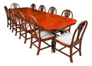 Vintage Regency Revival Flame Mahogany Dining Table and Chairs, Set of 11