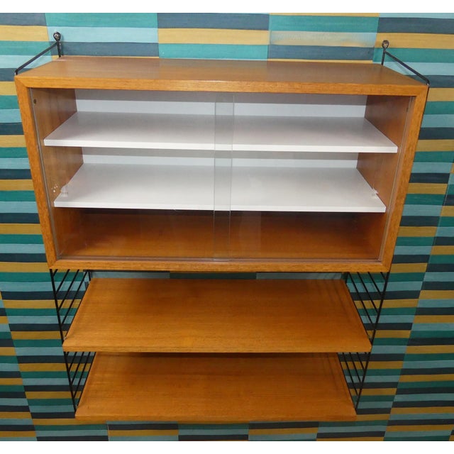 Black Mid-Century Modern Teak String Shelving Unit with Display Cabinet and Black Ladders by Kajsa & Nils Nisse Strinning for String, Sweden, 1960s For Sale - Image 8 of 10