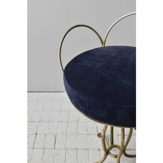 Vintage White-Painted Iron Petal Back Vanity Chair with Navy Suede Seat, Circa Mid-20th Century. Sculptural, white-painted...