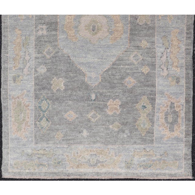 Turkish Oushak Rug With Soft Gray Field and Pale Blue Medallion For Sale - Image 4 of 12