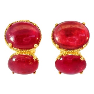 Mid 20th Century 14k Yellow Gold Cabochon Ruby Earrings Designer Estate, Pair For Sale