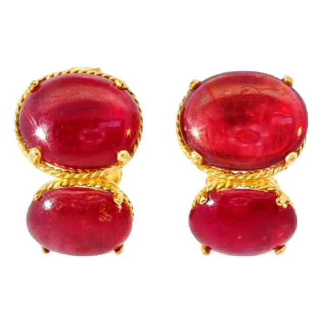 Mid 20th Century 14k Yellow Gold Cabochon Ruby Earrings Designer Estate, Pair For Sale