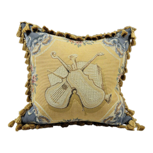 Vintage French Aubusson Style Wool Tapestry Throw Pillow, Music Theme