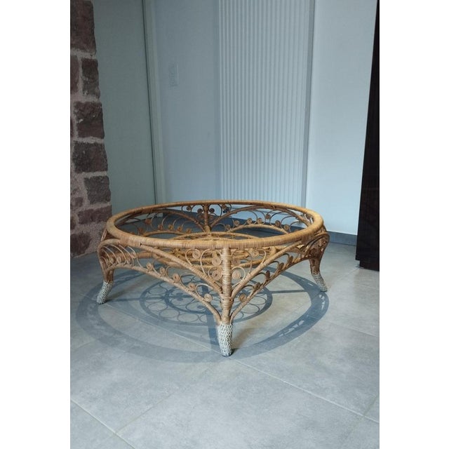 Large French Riviera Style Peacock Coffee Table in Rattan, Bamboo and Glass, 1970s For Sale - Image 4 of 18