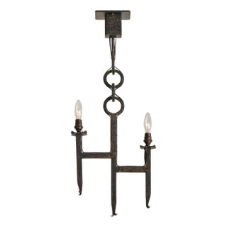 1960s French Brutalist Iron Two-Light Pendant For Sale