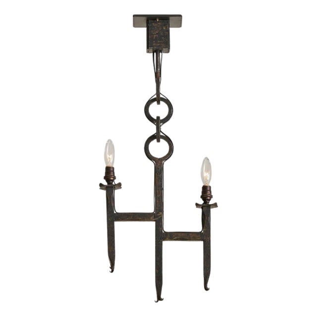 1960s French Brutalist Iron Two-Light Pendant For Sale