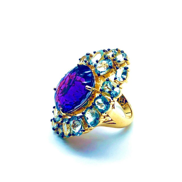 Gemstone Bochic "Orient" Natural Amethyst & Aquamarine Ring Set In 18K Gold & Silver For Sale - Image 7 of 18