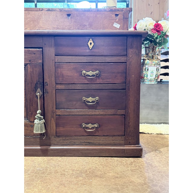 19th Century Primitive Oak Sideboard Cabinet With Drawers & Paneled Storage Doors For Sale - Image 4 of 12
